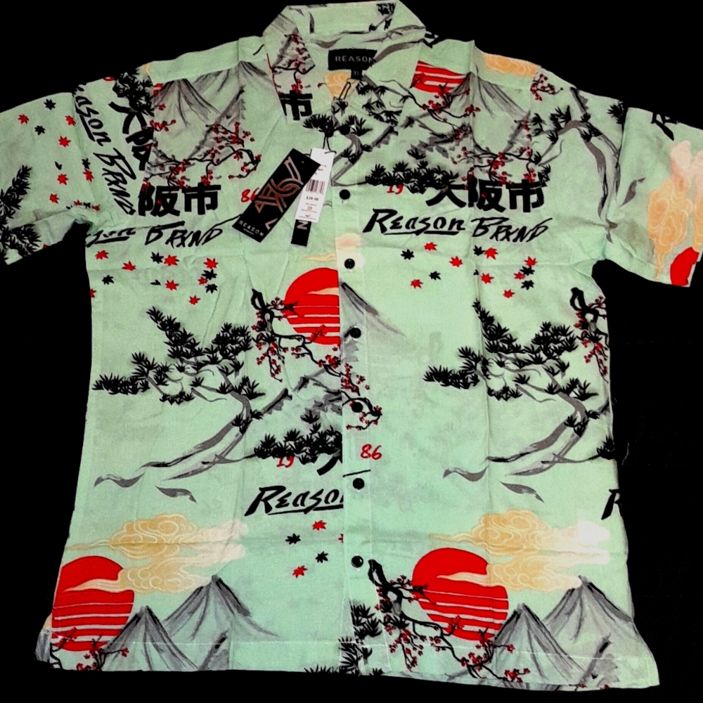 Reason Japan Theme Mountain View Button Down Shirt Men's  XL